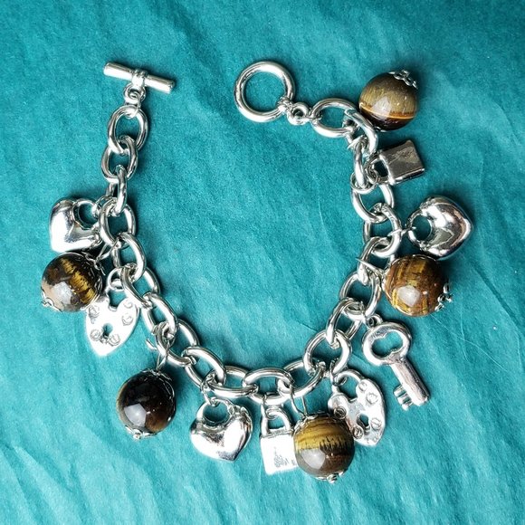 2/10$ Silver tone charm bracelet tiger eye lock and keys - Picture 1 of 5